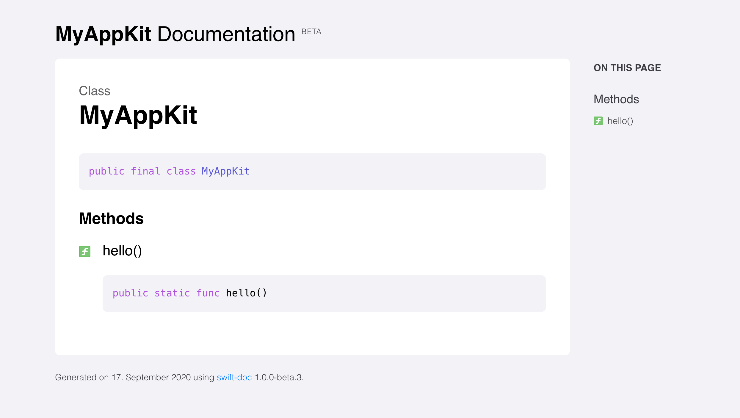 An image that shows a browser with the auto-generated documentation