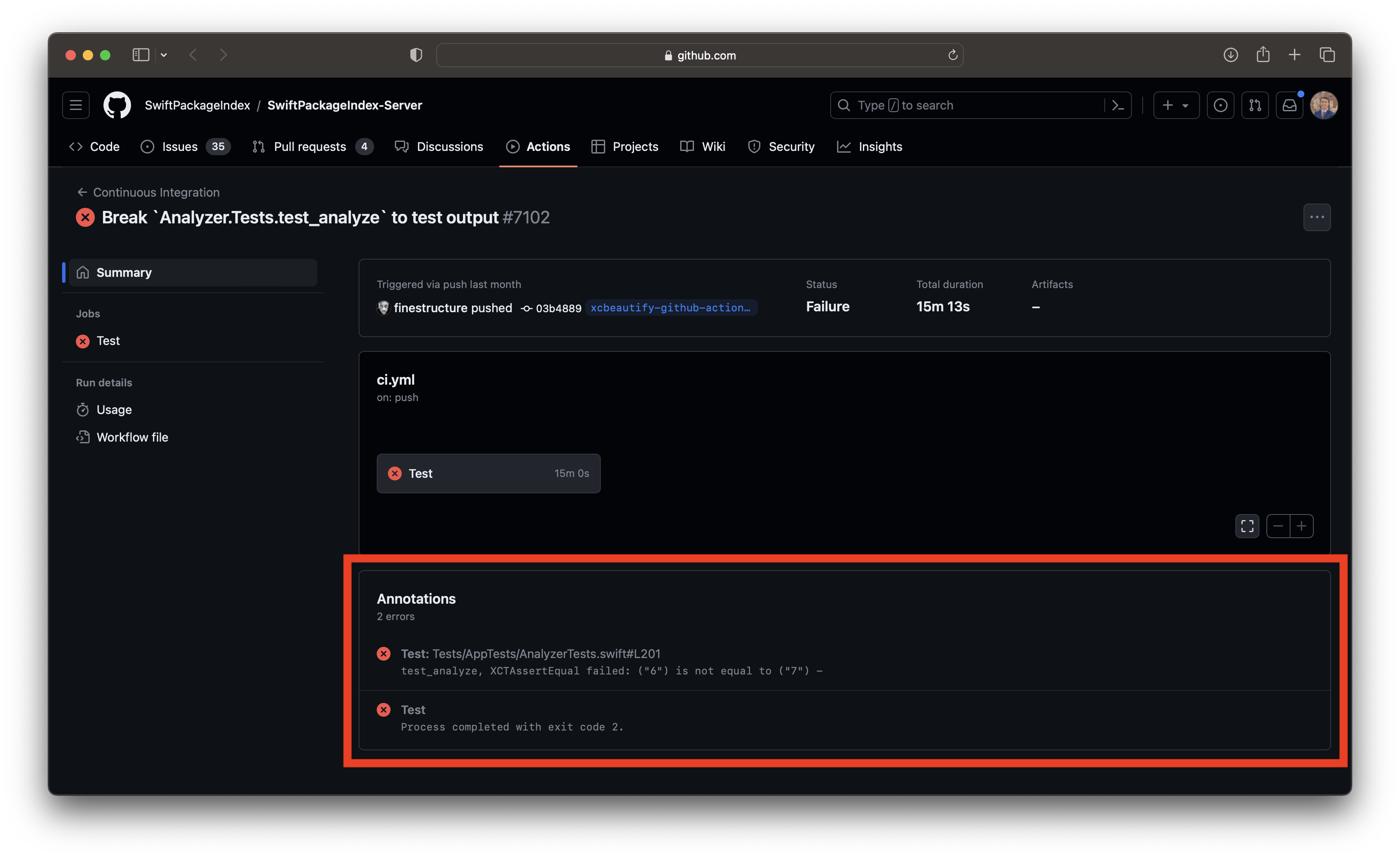An image that shows a GitHub Actions run summary with xcbeautify comments.